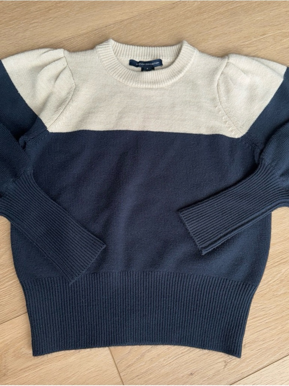 French Connection Navy and Cream Colorblock Crew Sweater